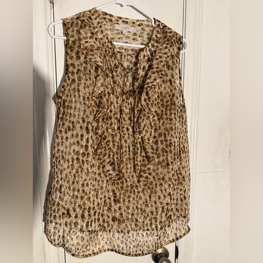 LOFT Tan Cream Ruffled Tie Front Blouse